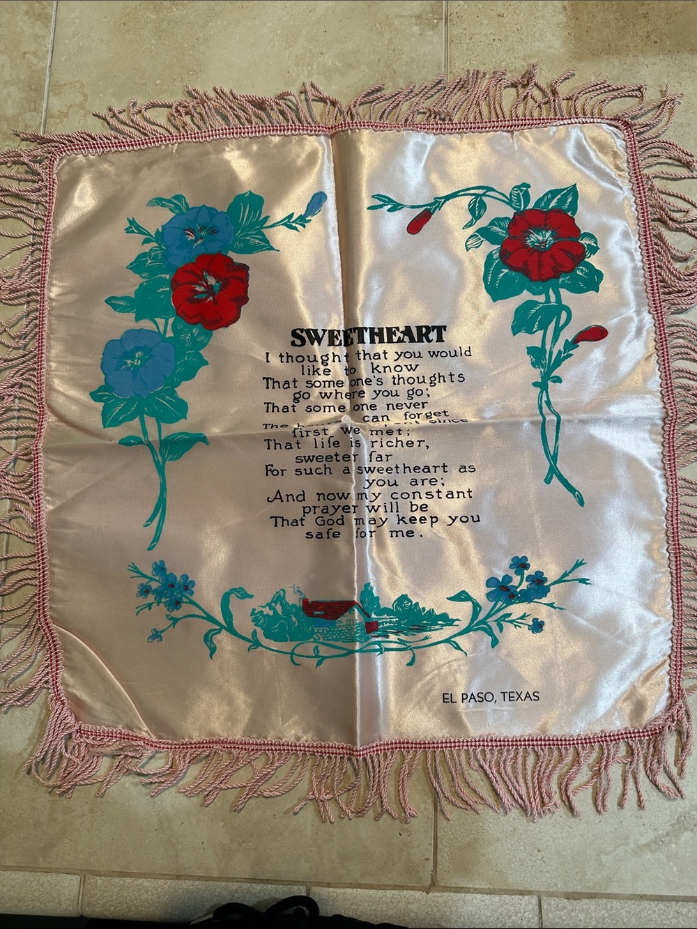 Vintage 'Sweetheart' Floral Satin Fringe Pillow Cover - Pink, Teal, Red